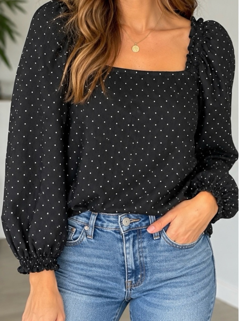 Banana Republic Black Polka Dot Square Neck Blouse